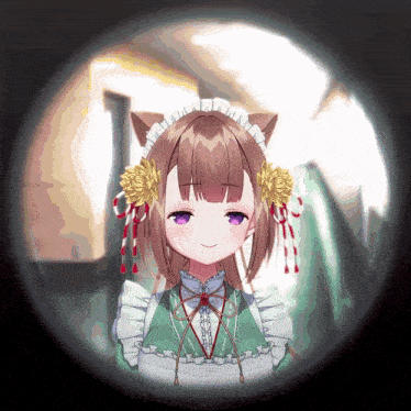 a girl with purple eyes is wearing a green maid outfit