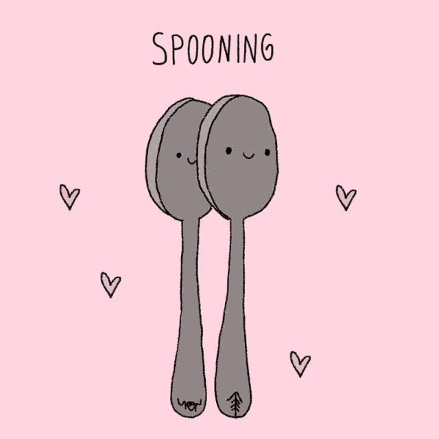 a drawing of two spoons with faces and the words " spooning " below them