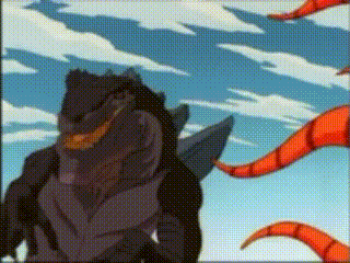 a cartoon character is standing in front of a blue sky with a snake coming out of it 's mouth .