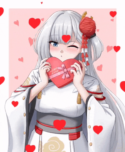 a girl in a white kimono is holding a heart shaped box that says " i love you " on it