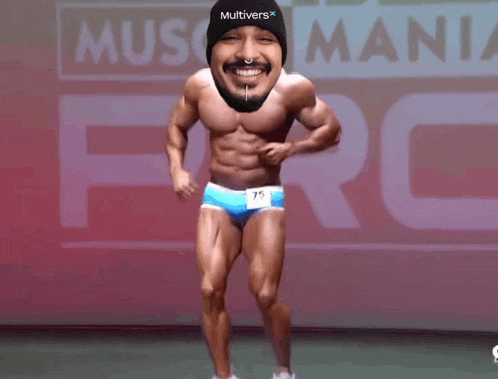 a bodybuilder with the number 75 on his underwear is running