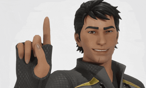 a man in a black jacket is pointing up with his finger