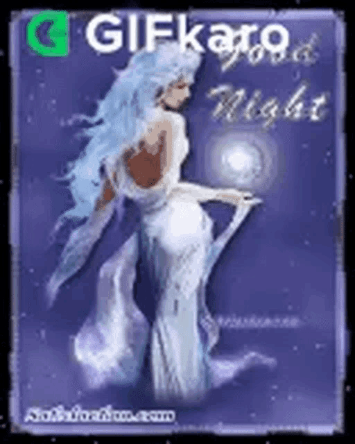 a woman with blue hair and a white dress is on a purple background with the words good night .