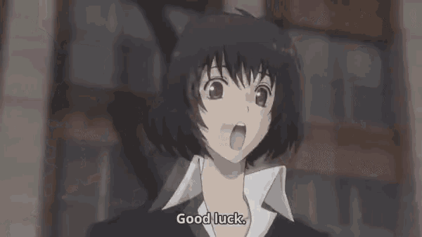 a woman in a suit says good luck in a cartoon