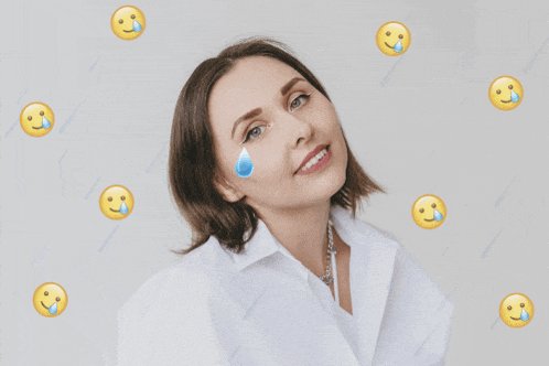 a woman with a tear on her face is surrounded by smiley faces