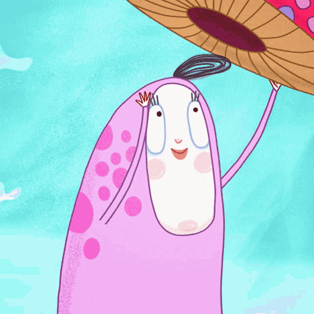 a cartoon drawing of a mushroom with polka dots on the hat