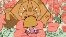 a cartoon of a girl sitting on a flower in front of a giant lion .