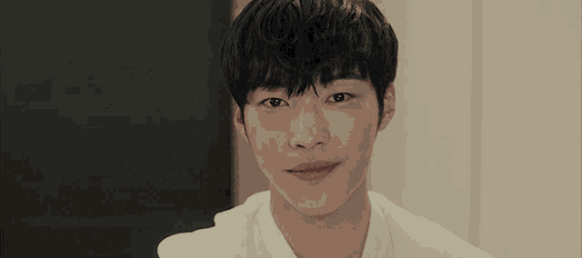 a young man with black hair and a white shirt is smiling