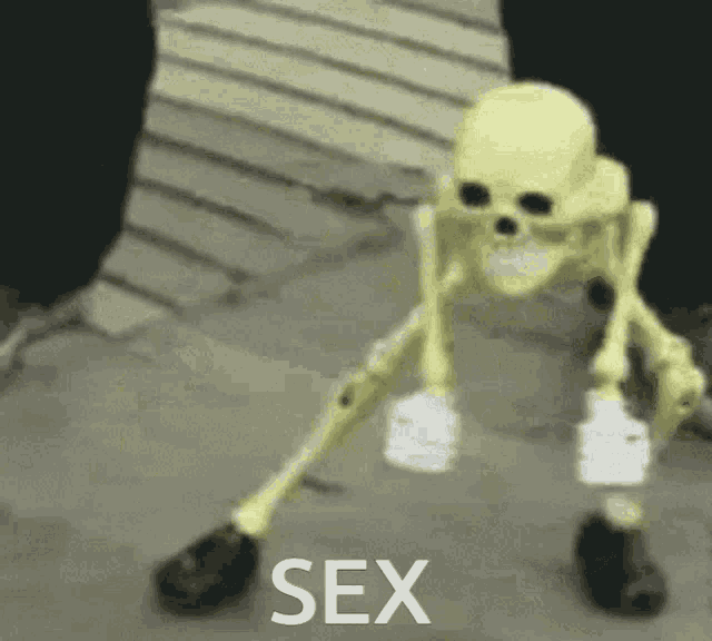 a skeleton is walking down the street with the word sex written on the bottom