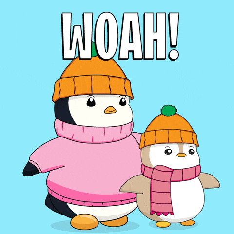 two penguins wearing hats and scarves are standing next to each other with the words woah above them