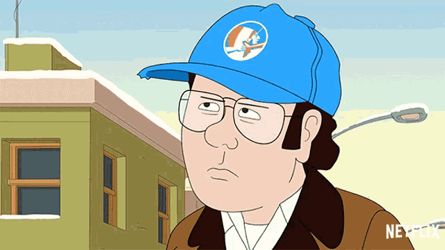 a cartoon man wearing glasses and a blue hat with the word netflix on it