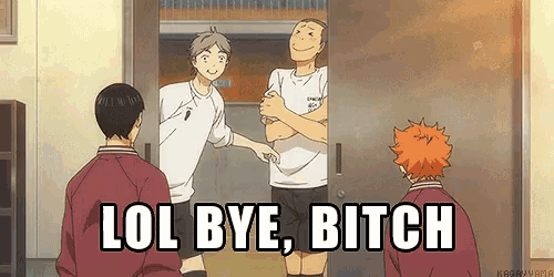 a group of anime characters are standing in a room and one of them is holding another man 's hand .