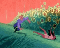 a pixel art drawing of a man and a woman running in a field of sunflowers