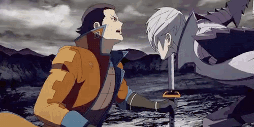 a cartoon of a man holding a sword standing next to another man with a sword