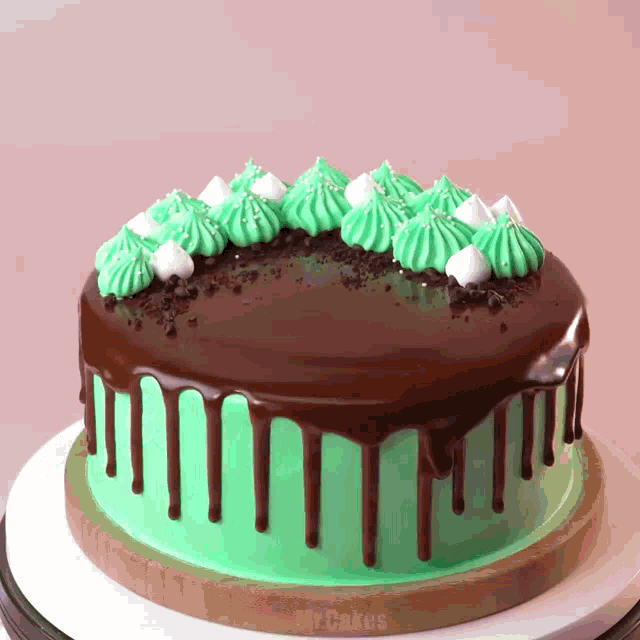 a chocolate cake with mint frosting and a drip