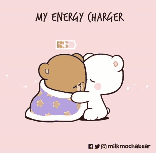a couple of teddy bears hugging each other with the words `` my energy charger '' above them