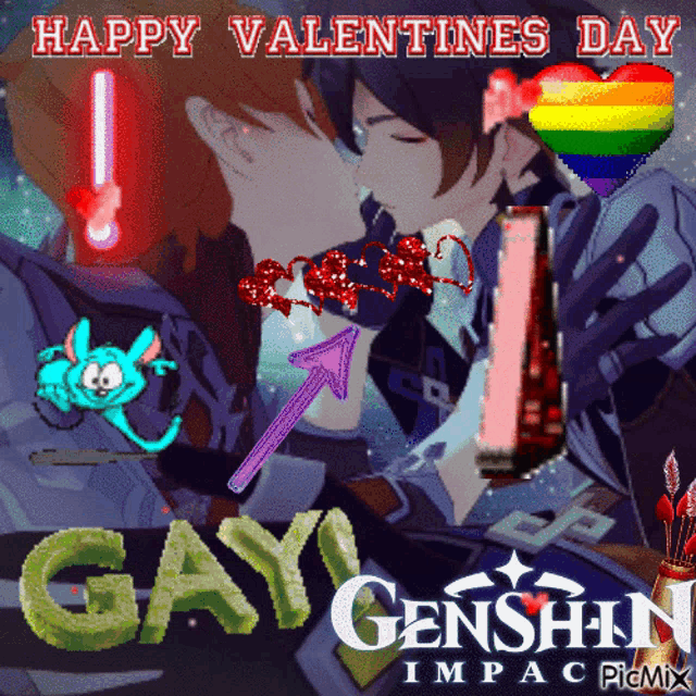 a valentine 's day greeting with a couple kissing and the words gay genshin impact