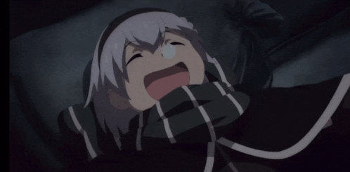 a girl with white hair and a scarf around her neck is laying down