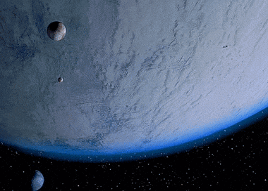 an artist 's impression of a planet with a moon and asteroids