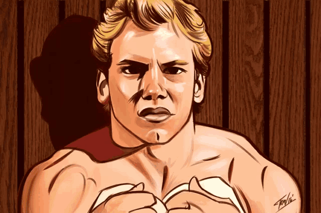 a drawing of a shirtless man with a tattoo on his arm that says ' toni ' on it