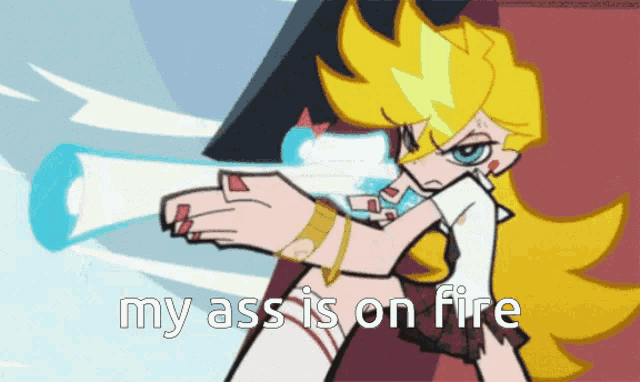 a cartoon of a girl with a gun and the words my ass is on fire