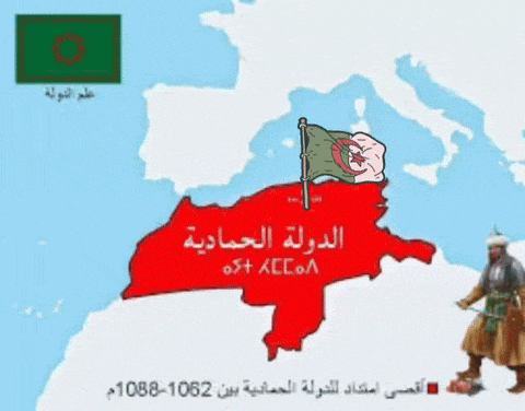 a cartoon of a man holding a flag in front of a map with arabic writing