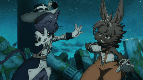 a cat and a rabbit are standing next to each other with their arms outstretched