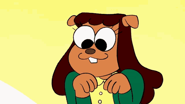 a cartoon drawing of a squirrel wearing a yellow shirt and a green jacket