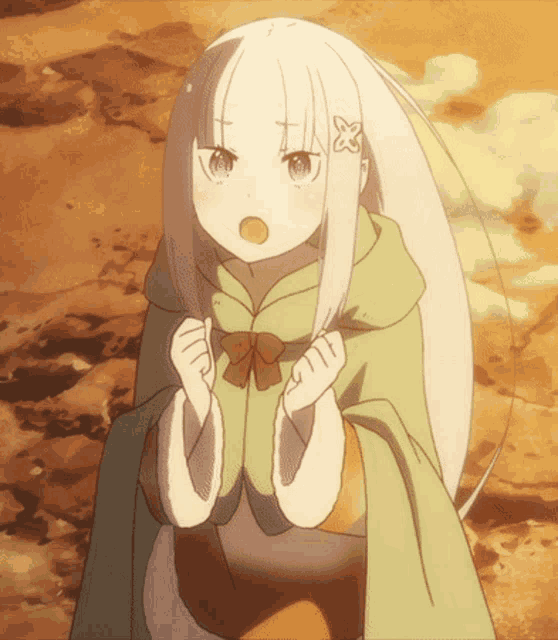 a girl with white hair is wearing a green cape and a bow