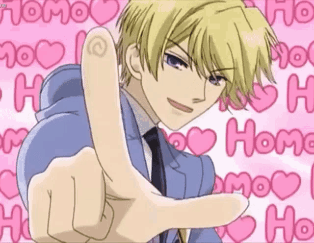 a man in a suit and tie is pointing at the camera with a pink background that says home