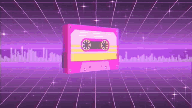 a pink cassette tape is floating in the air