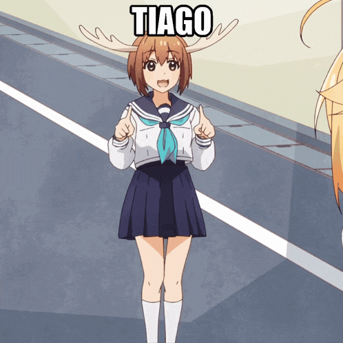 a girl with antlers on her head is giving a thumbs up with the word tiago above her