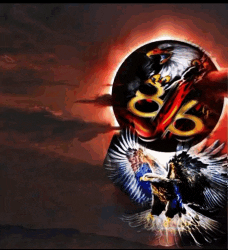 a painting of two eagles in front of a circle with the number 86 on it