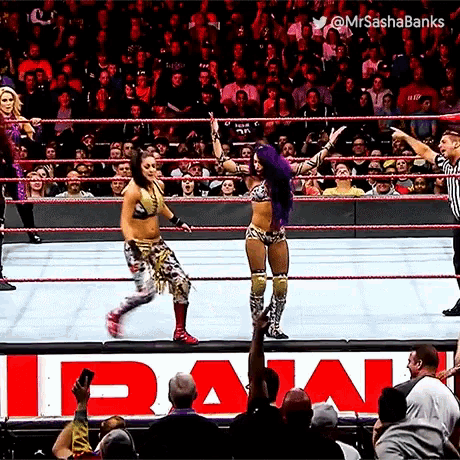 two female wrestlers are in a ring with a sign that says raw in the background