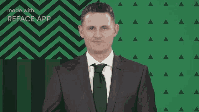 a man in a suit and tie is making a fist in front of a green background that says made with reface app