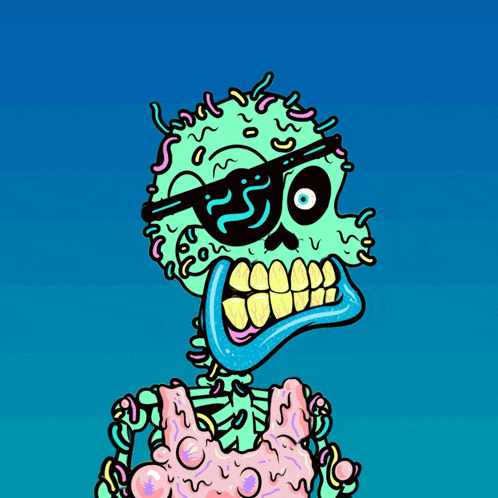 a cartoon of a skeleton wearing sunglasses with a blue tongue