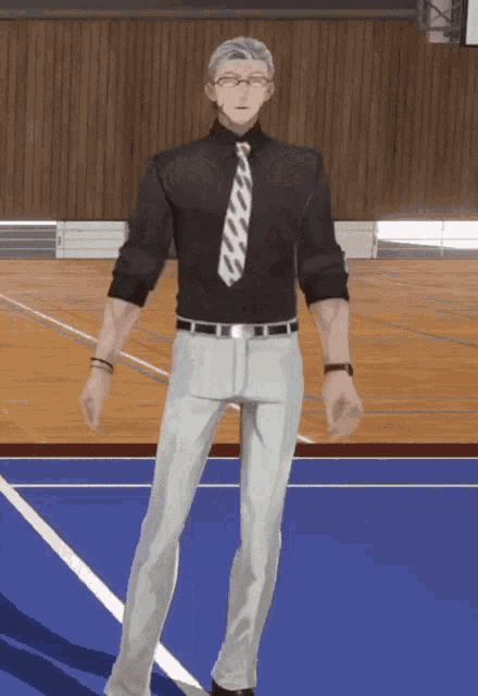 a man wearing a black shirt and tie is standing on a court