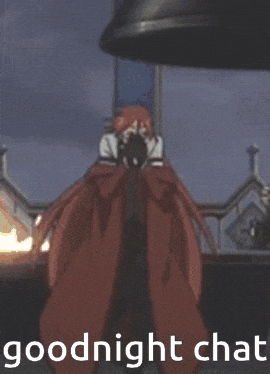 a man in a red coat stands in front of a fire with the words goodnight chat written below him