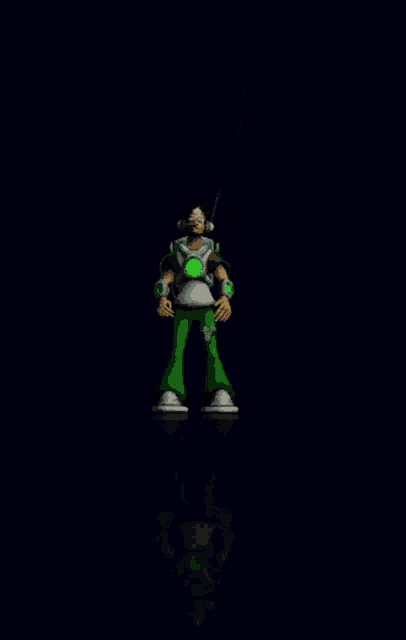 a cartoon character with headphones and a green light on his arm
