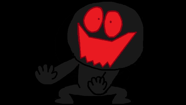 a black cartoon character with red eyes and a big red mouth is standing in the dark .