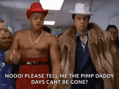 a shirtless man in a cowboy hat and a fur coat says nooo