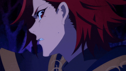 a close up of a red haired anime character
