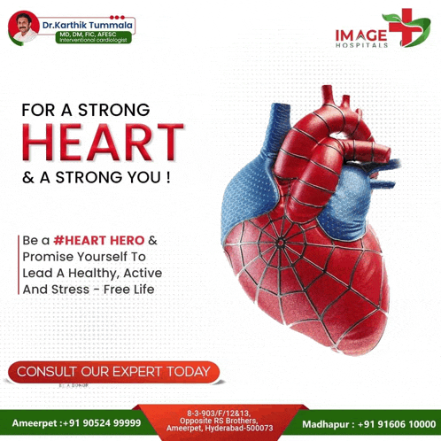 an advertisement for image hospitals shows a heart in a spiderman costume