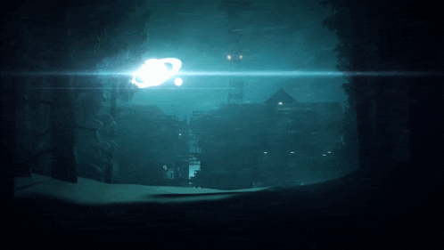 a light shines through a dark forest with a building in the background