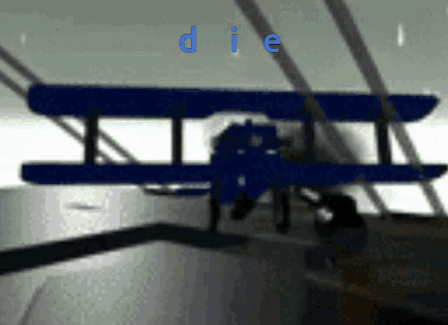 a computer generated image of a blue airplane with the words die in blue
