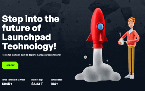 an advertisement for a launchpad technology shows a man standing next to a rocket