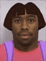 a man with a purple backpack is wearing a dora the explorer costume .