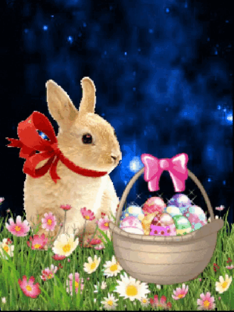 a bunny with a red bow around its neck sits next to a basket of eggs