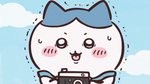 a cartoon drawing of a cat holding a camera that says you on it
