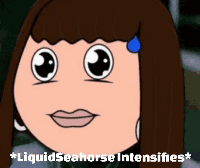 a cartoon of a woman with the words liquid seahorse intensifies written below her